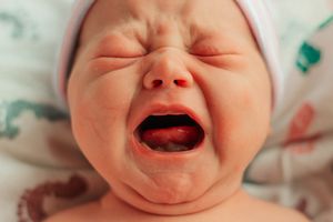 A crying baby with scrunched up face and open mouth lies on white bedding. | Motherhood + Family Photographer Westminster, CO