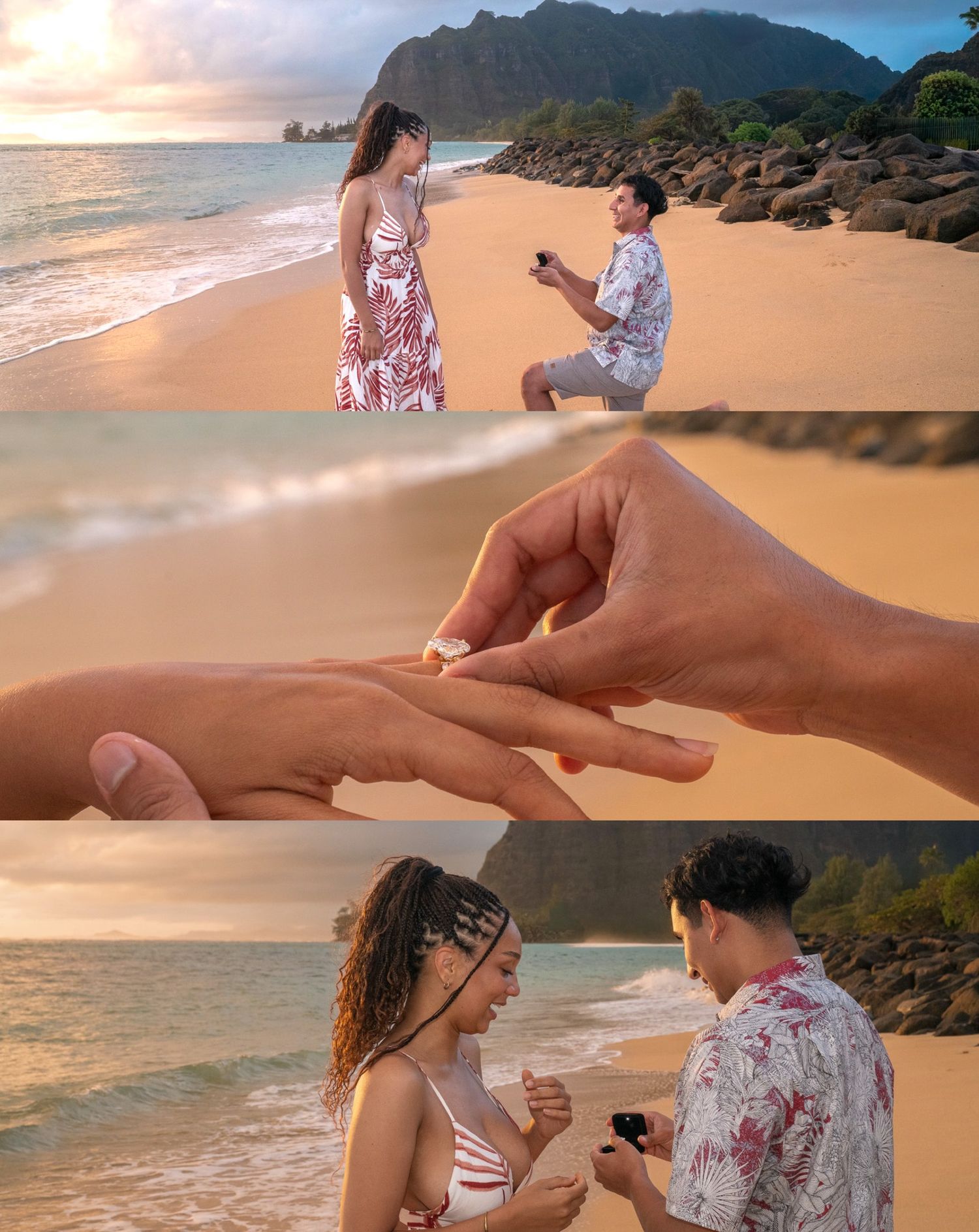 A series of proposal photos on a sandy beach with mountains and ocean in the background during sunset.
