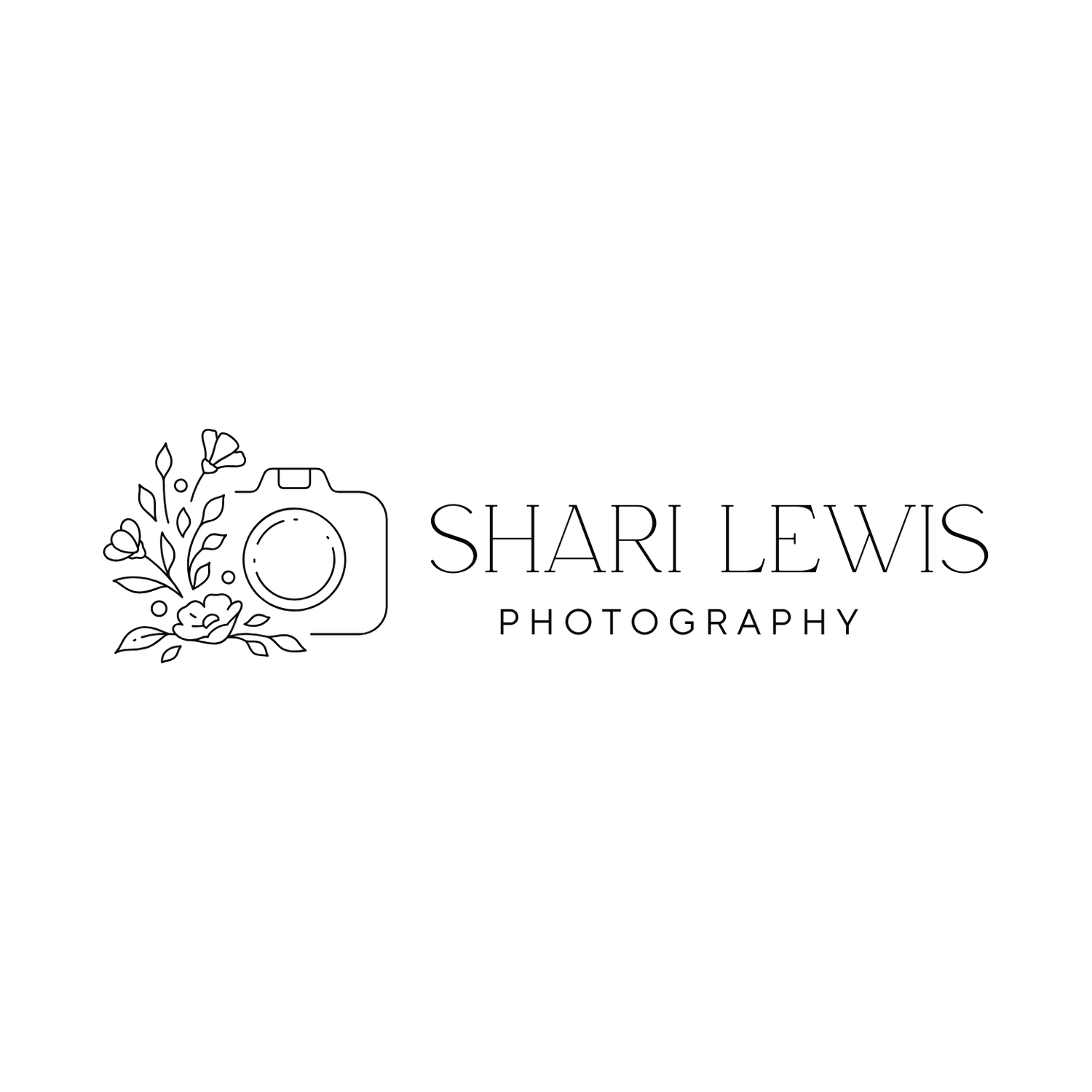 Minimalist photography logo with camera icon and floral elements for Shari Lewis Photography.