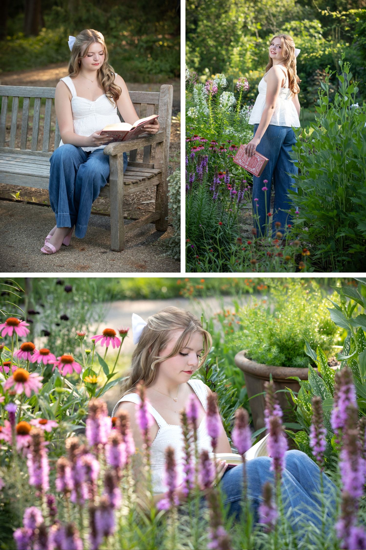 Olentangy senior pictures in Inniswoods.  Senior pictures in the park.  Senior pictures reading a book on a bench. Floral senior pictures.