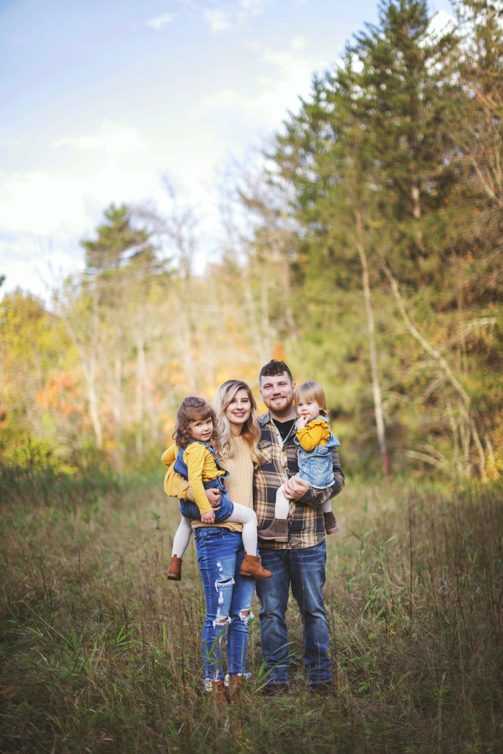 Outdoor autumn scene with tall grass and evergreen trees in the background.