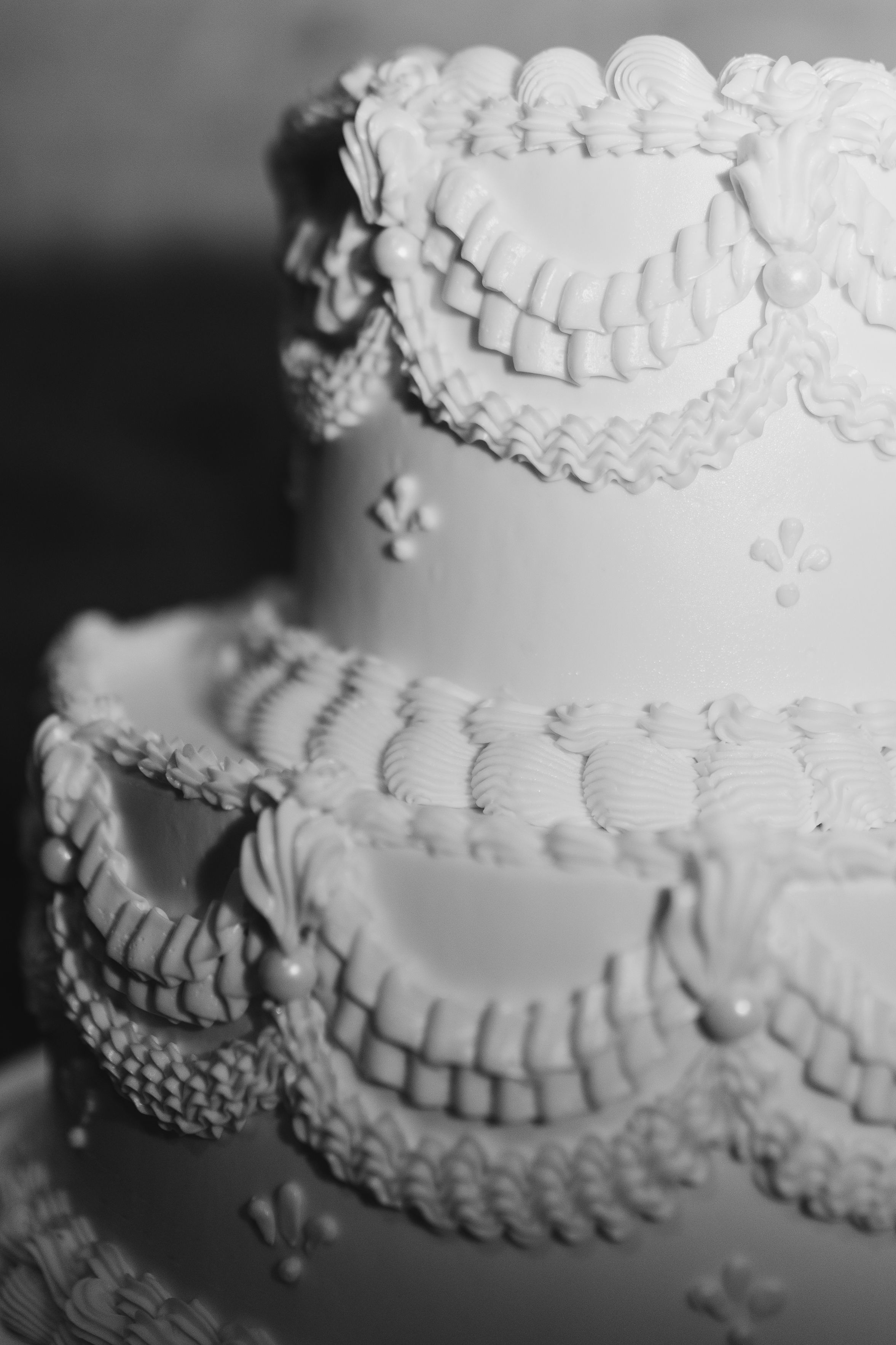 Detailed close-up shots of white wedding cake tiers with delicate piped frosting decorations in a black and white style.