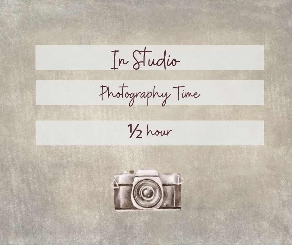 A vintage-style photography studio booking layout with camera icon and time slot information on a textured gray background.