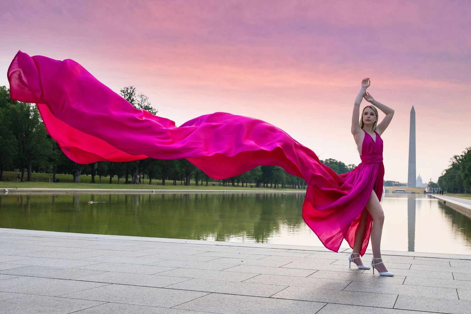 A flowing hot pink fabric billows gracefully across multiple scenes of nature and architectural settings at sunset. Flying Dress Photoshoot