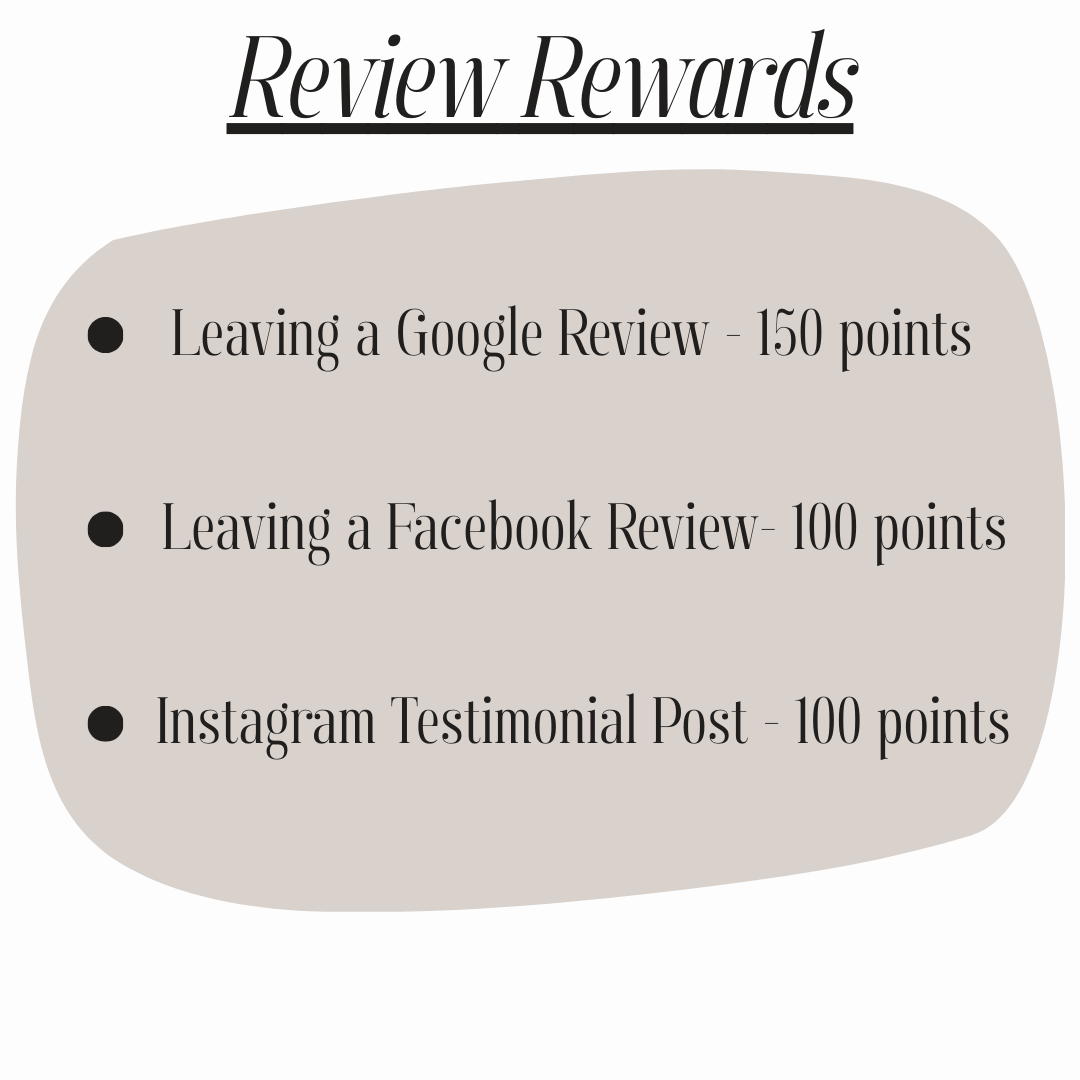 A minimalist beige graphic showing review rewards points system for Google, Facebook, and Instagram reviews and testimonials.