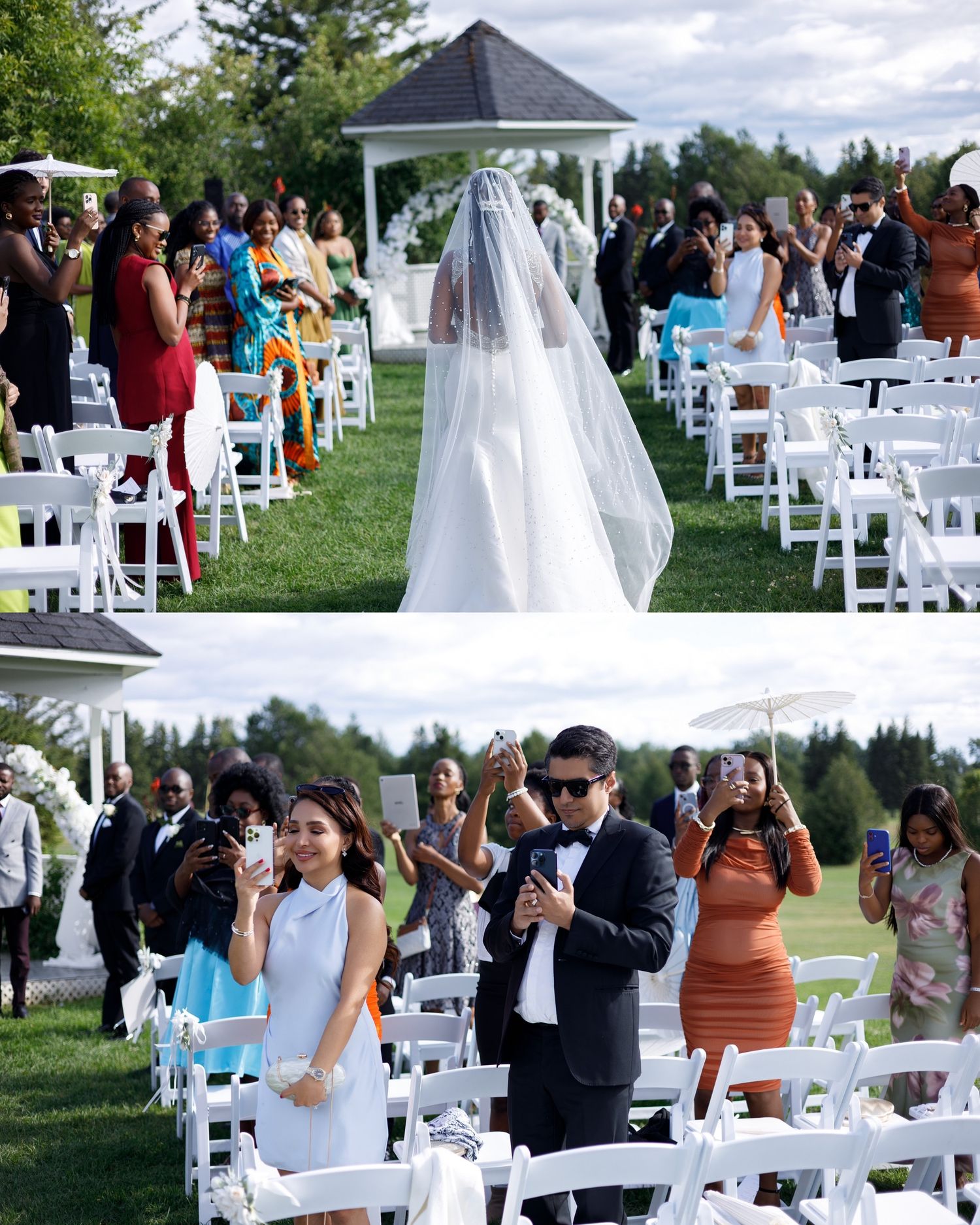 Outdoor wedding ceremony setup with white chairs and floral arrangements in a garden setting under cloudy skies.