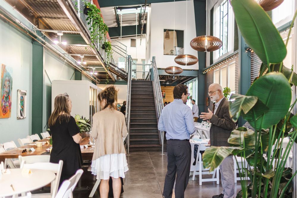 Modern office space with white walls, large potted plants, and people working in an open collaborative environment.