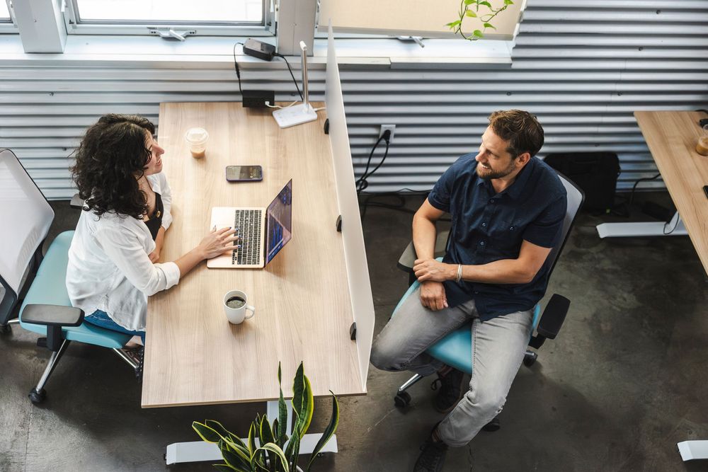 Two coworkers having a casual business discussion at a modern office desk with laptops and plants.