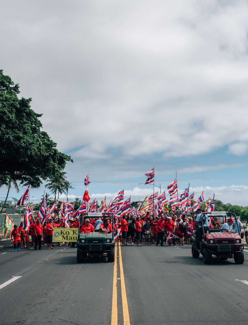 Aerial view of protesters with Hawaiian flags gathering on a road with palm trees in background.