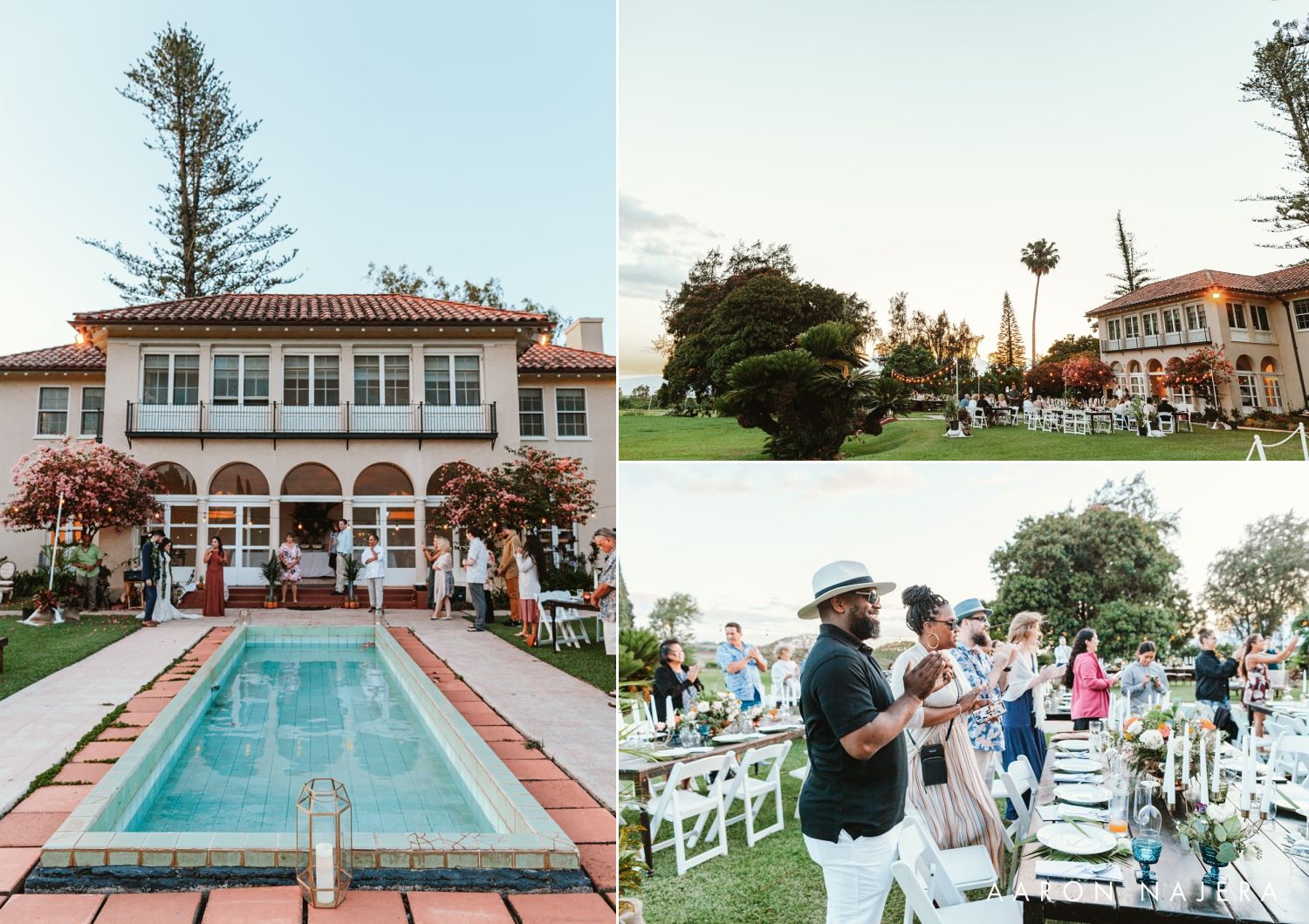 Venue exterior featuring Spanish colonial architecture with pool and outdoor ceremony setup.