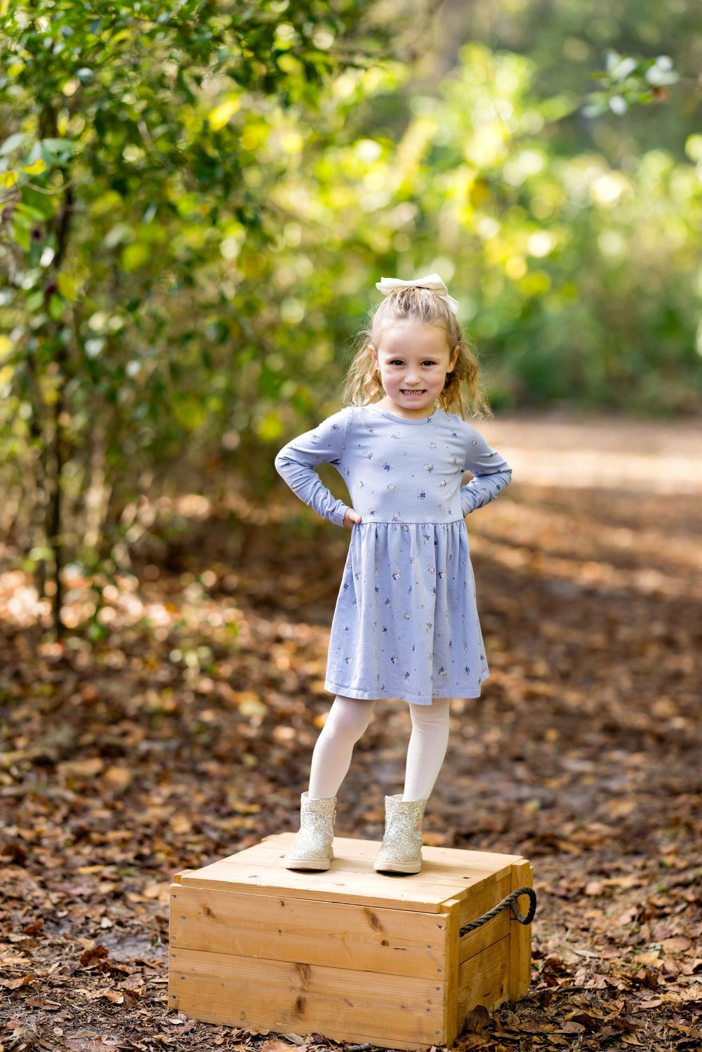 A small child in a light blue dress stands on a wooden box surrounded by fallen autumn leaves in a wooded area.