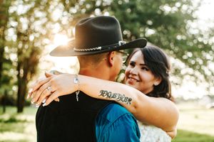 Bride and groom of a rustic outdoor wedding in eastern oregon.