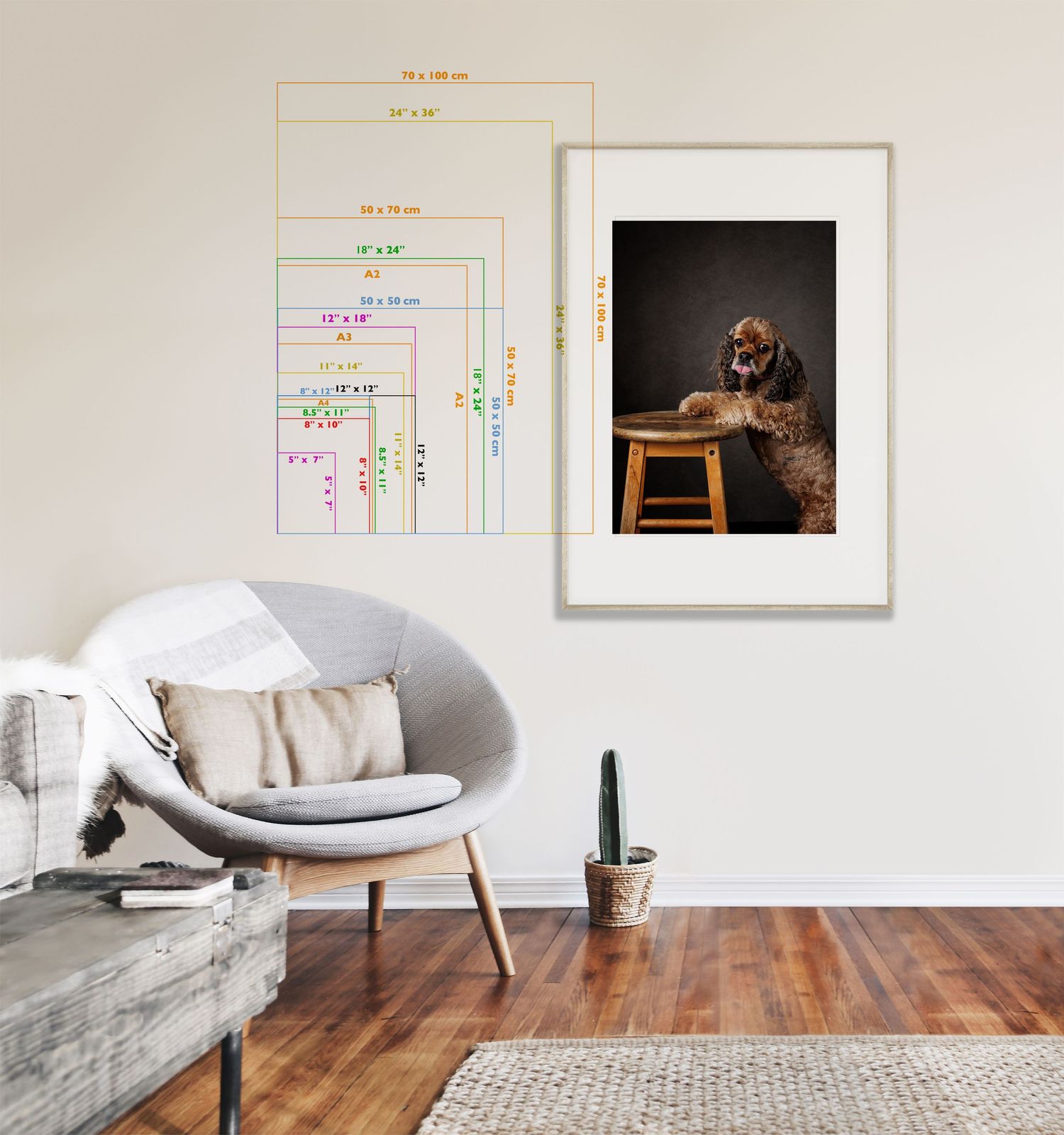 Modern living room interior with brown leather sofa, wooden furniture and framed dog portrait on wall.