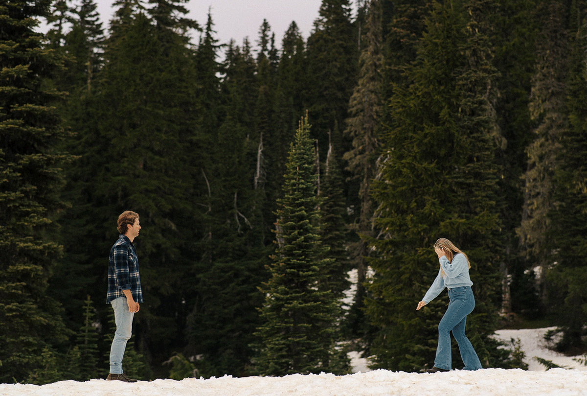 Seven winter action shots showing snowboarders gliding down a snowy slope surrounded by evergreen trees.