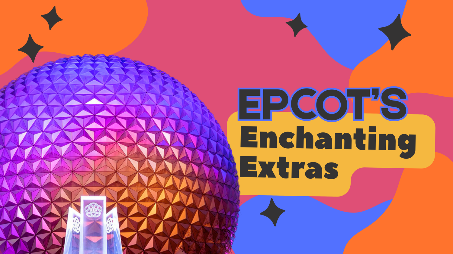 Purple geodesic sphere of EPCOT's Spaceship Earth against orange background with decorative stars and text.