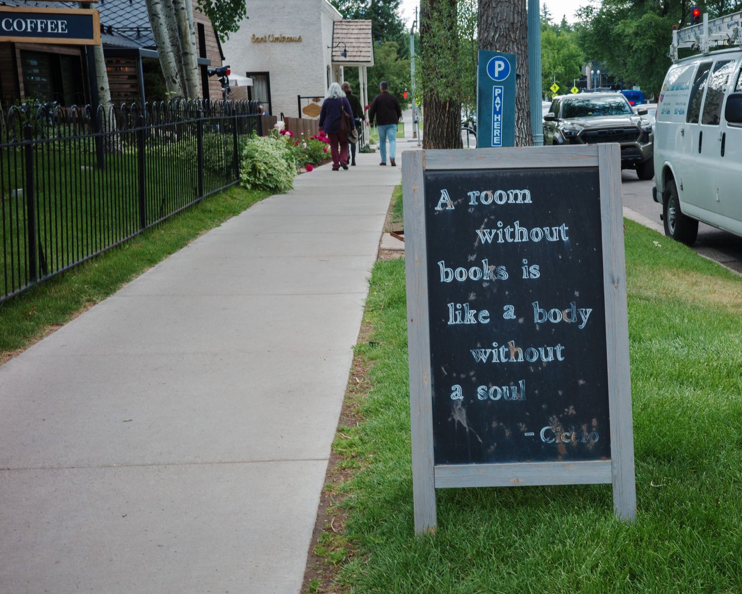 Chalkboard sidewalk sign reading a room without books is like a body without a soul.