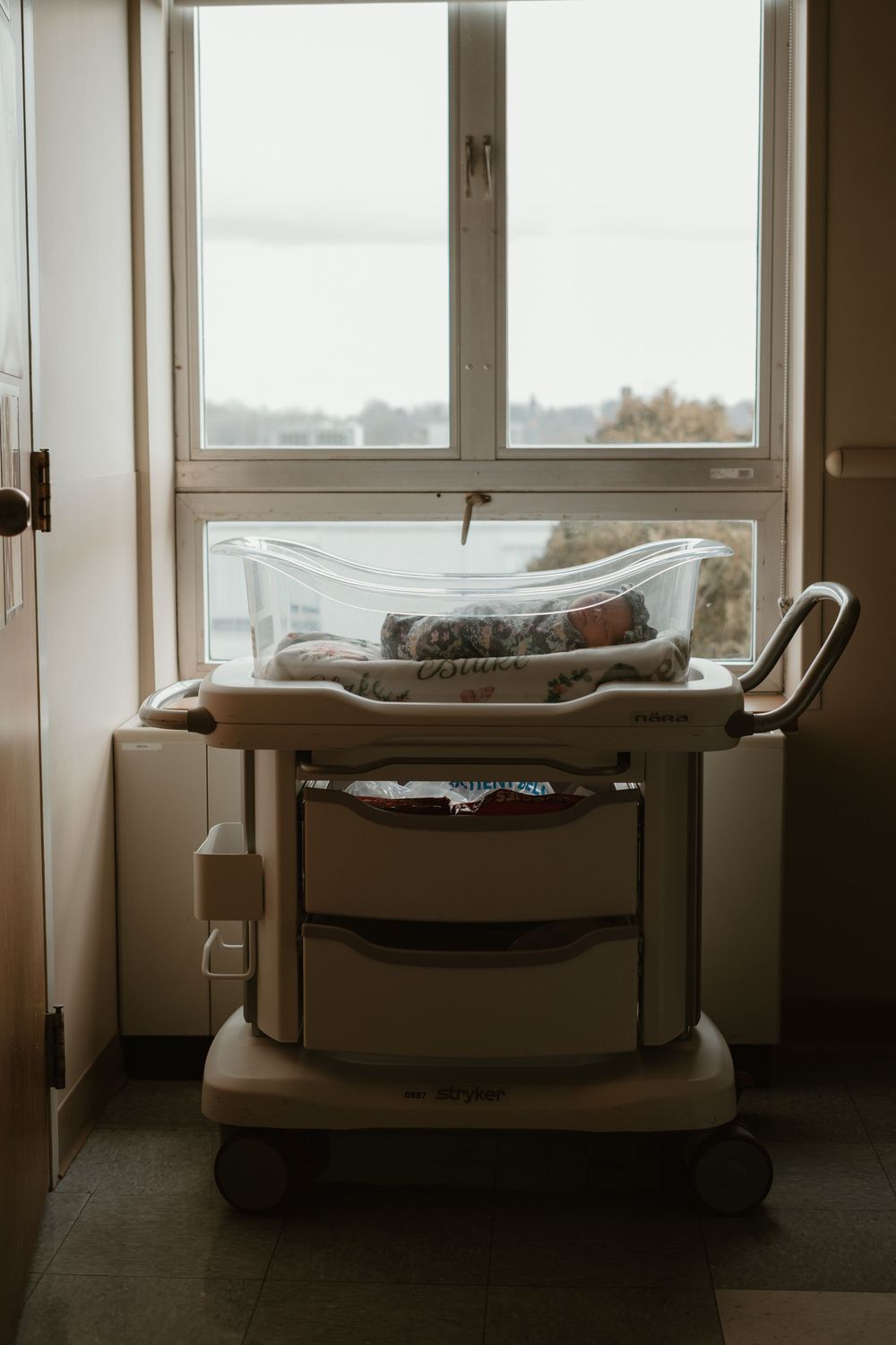 Newborn baby sleeping in a hospital bassinet positioned near a large window.