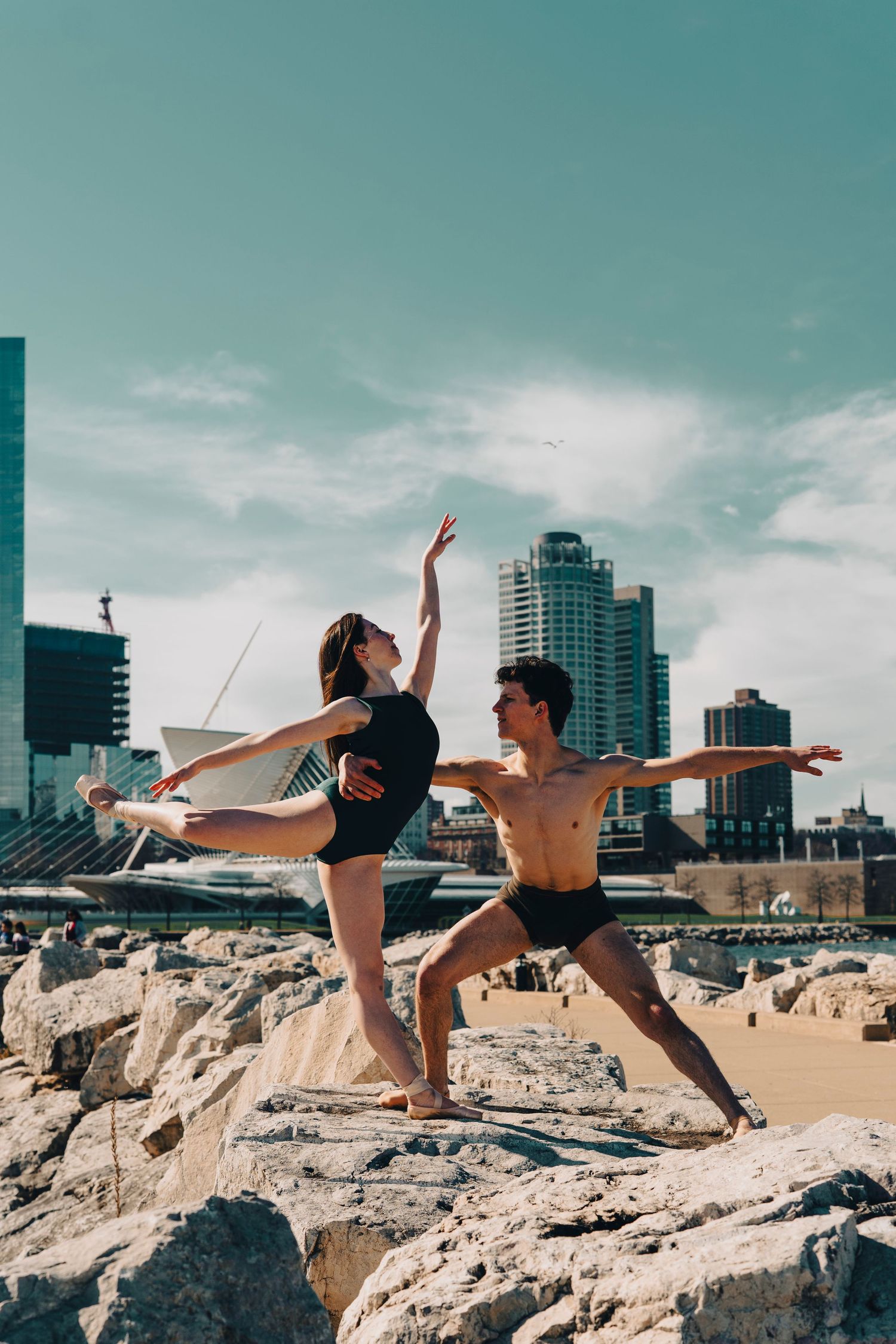 Professional ballet dancers from Milwaukee Ballet performing pas de deux, photographed at the Milwaukee Art Museum