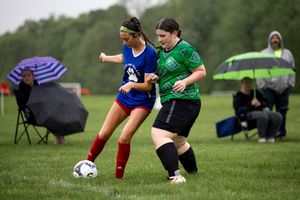Youth soccer players compete for the ball on a green grass field during practice.