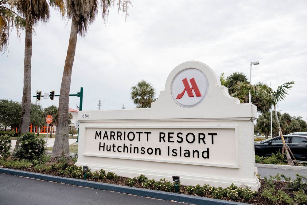 A series of scenic views from Hutchinson Island featuring palm trees, Marriott Resort signage, and coastal landscapes.