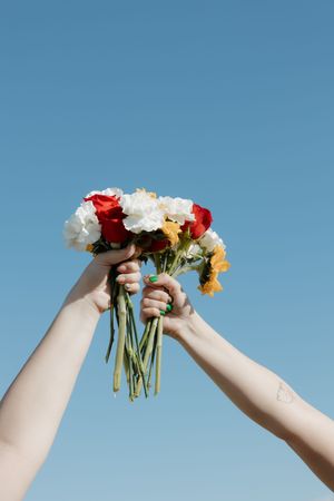 Hands holding up colorful flowers including roses and daisies against a bright blue sky.