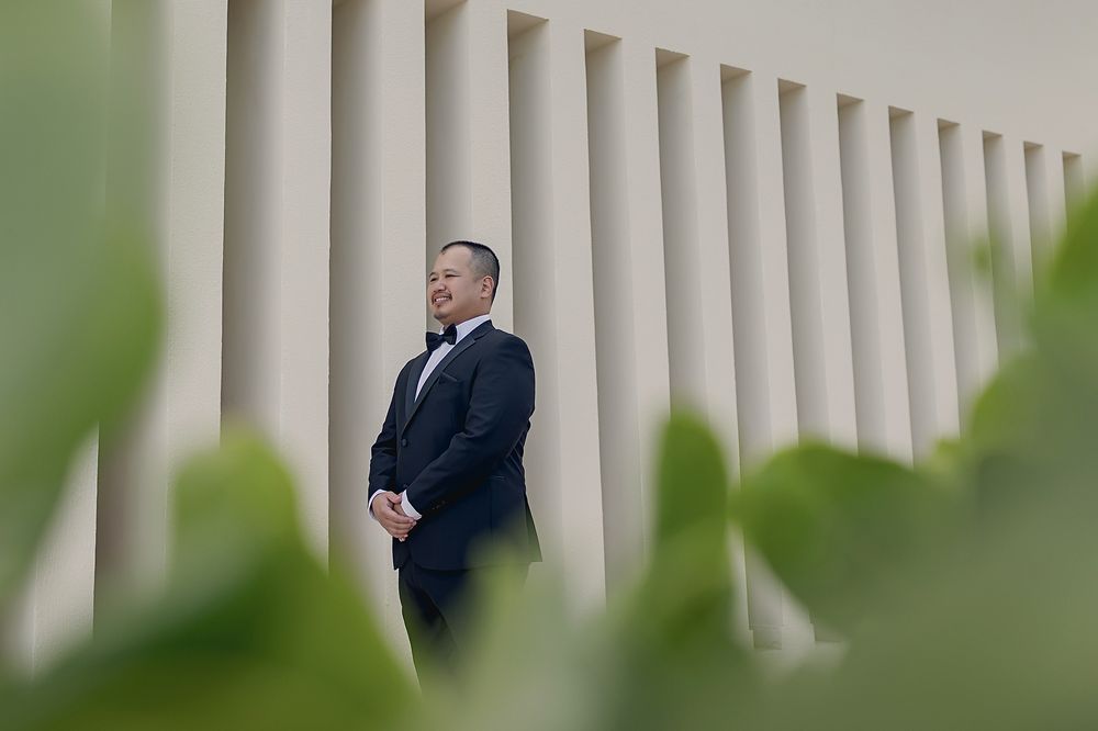 Professional in a dark suit stands thoughtfully between white architectural columns with green foliage in foreground.