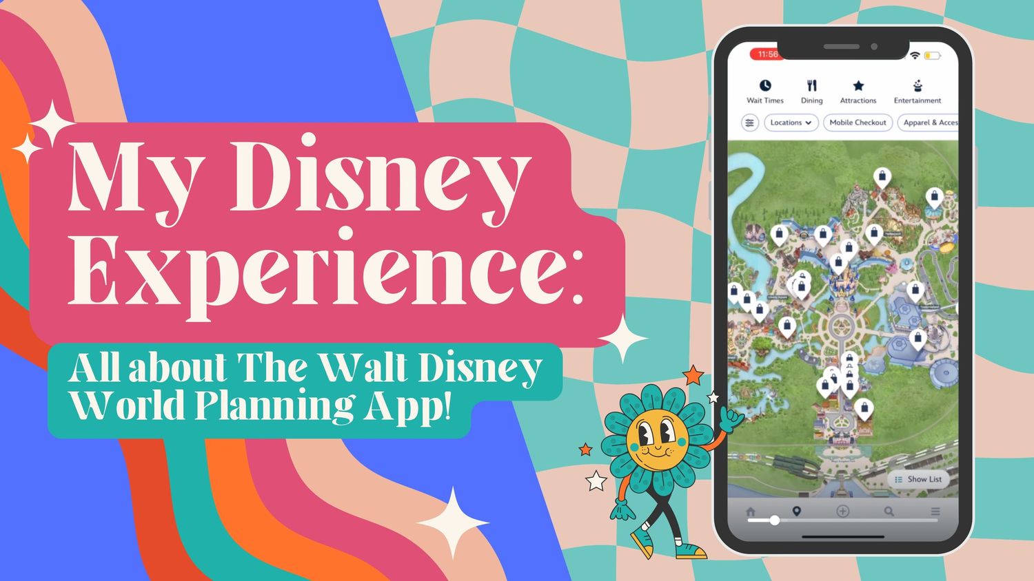 Mobile app interface mockup showing a Disney World planning application with colorful design elements.
