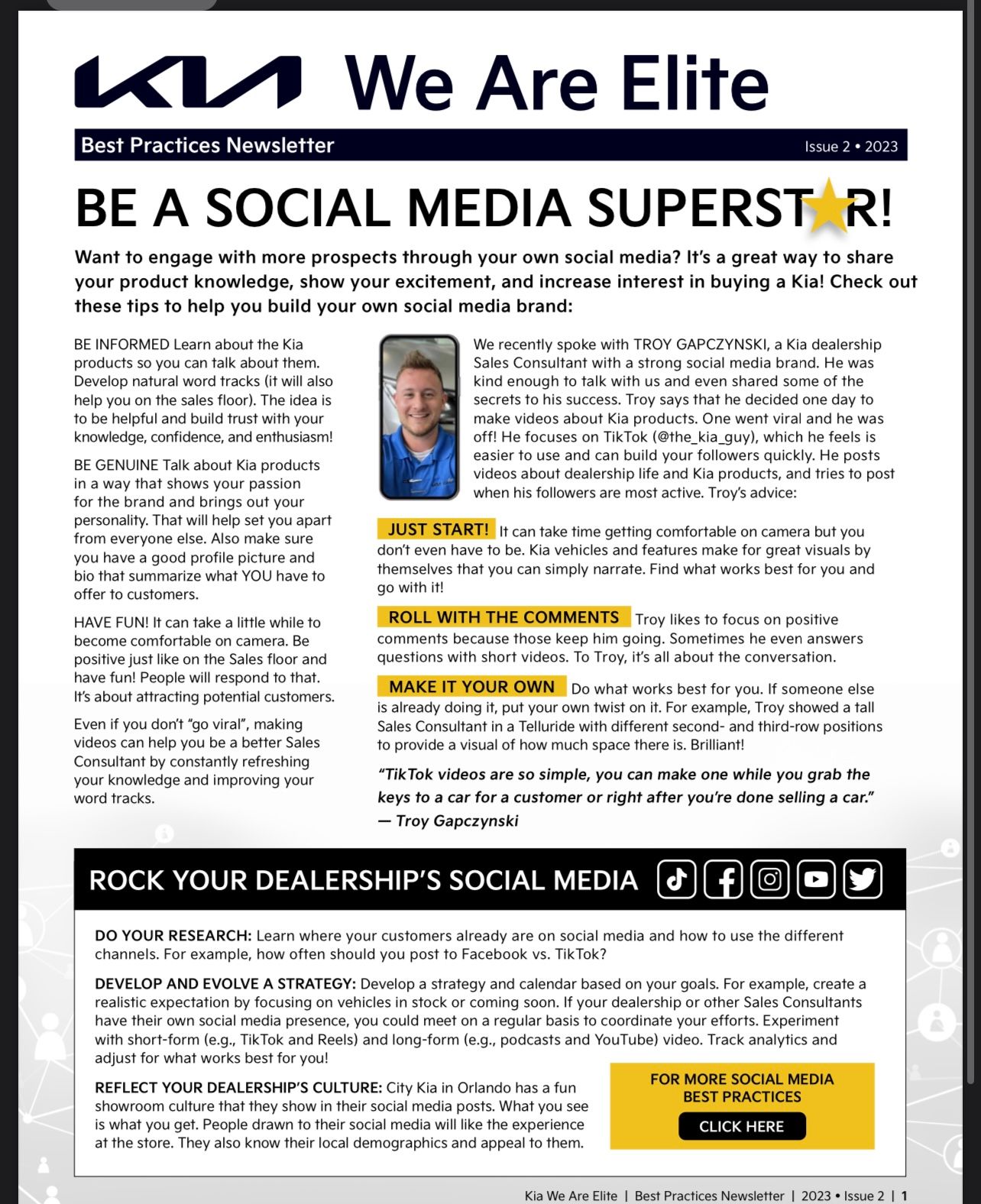 Marketing newsletter page titled 'We Are Elite' with social media tips and business advice from Kia best practices newsletter.