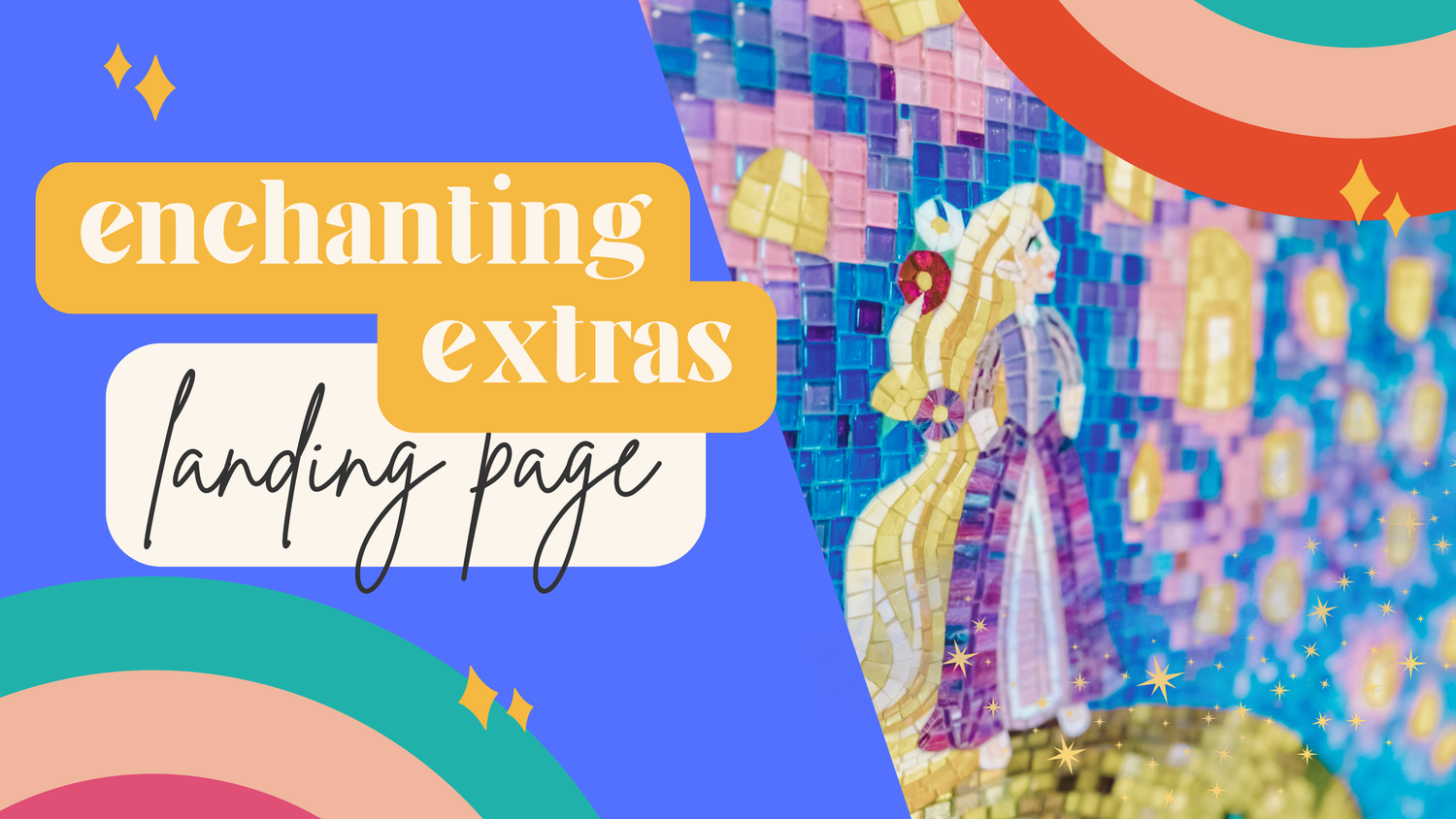 Colorful landing page design with enchanting extras text overlay on abstract background.