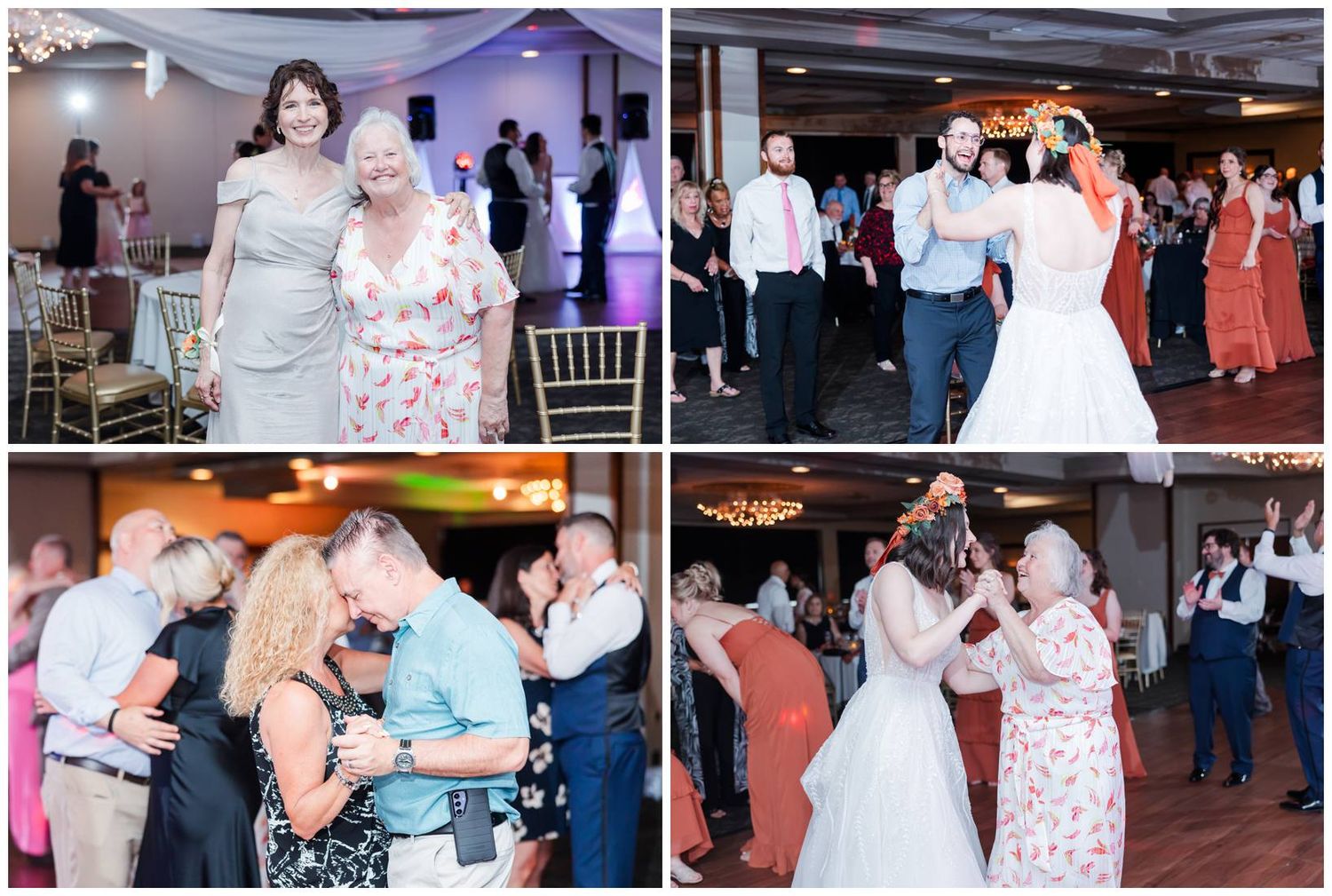Wedding guests enjoy dancing and celebrating on the dance floor with colorful lighting and joyful atmosphere at a reception.