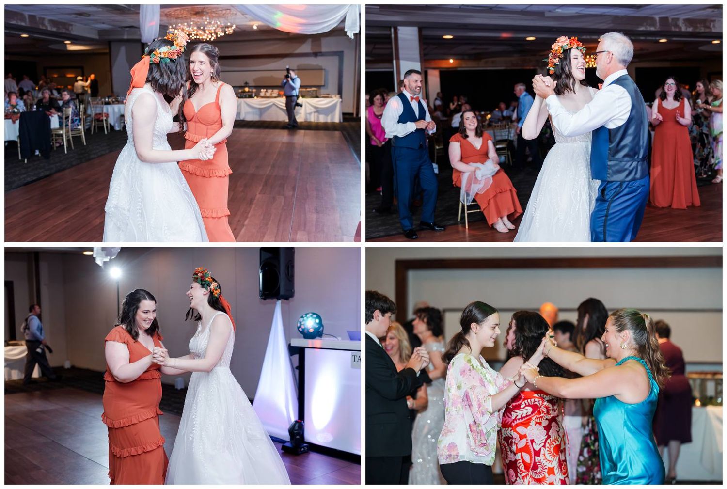 Wedding reception dance floor moments showing guests enjoying dancing and celebrating in a banquet venue.