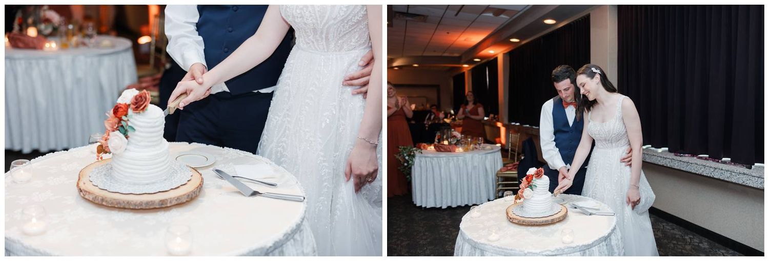A series of black and white wedding cake cutting photos showing traditional cake serving moments at an elegant reception.