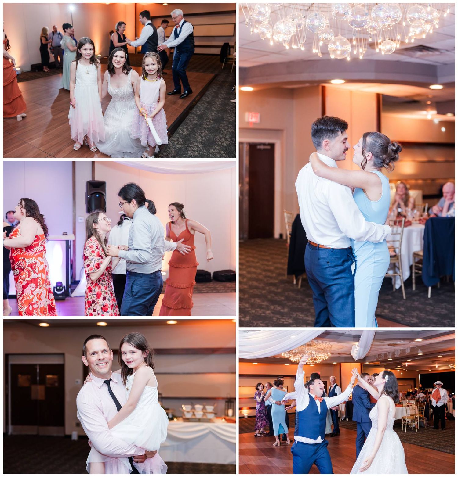 A collage of wedding reception moments showing dancing, embracing couples, and young attendees on the dance floor under chandeliers.