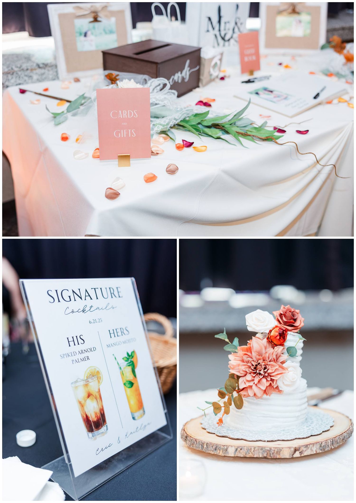 Wedding reception details including a card box, signature cocktail menu, and floral decorated cake on rustic wood slice.