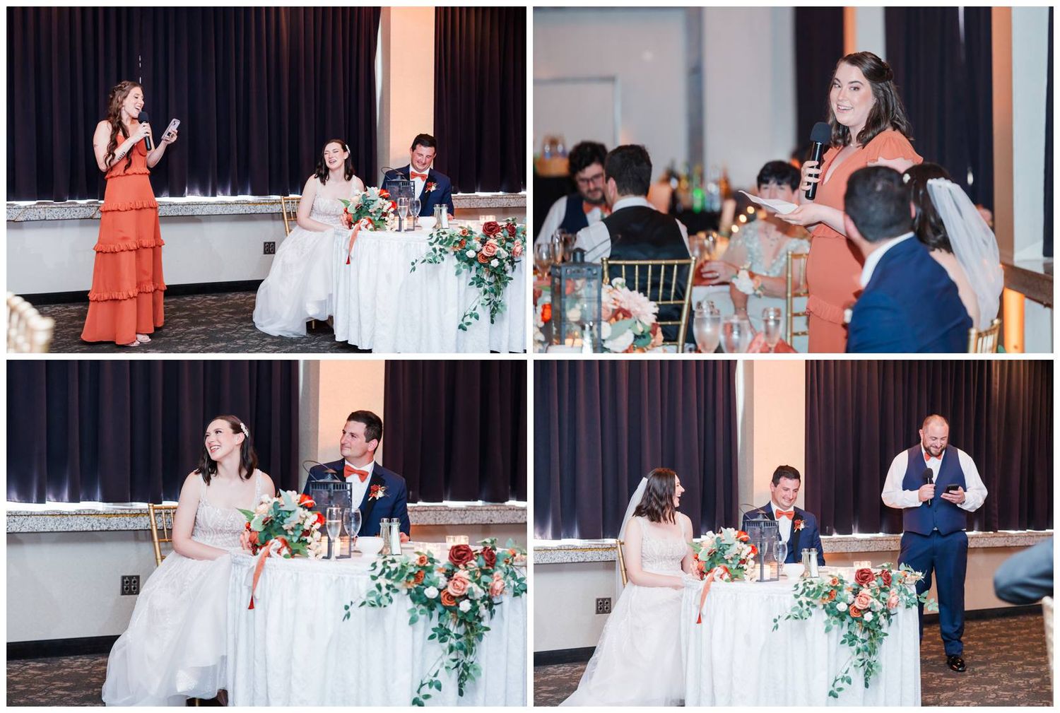 Wedding reception celebration showing guests dining at decorated tables with floral centerpieces indoors.