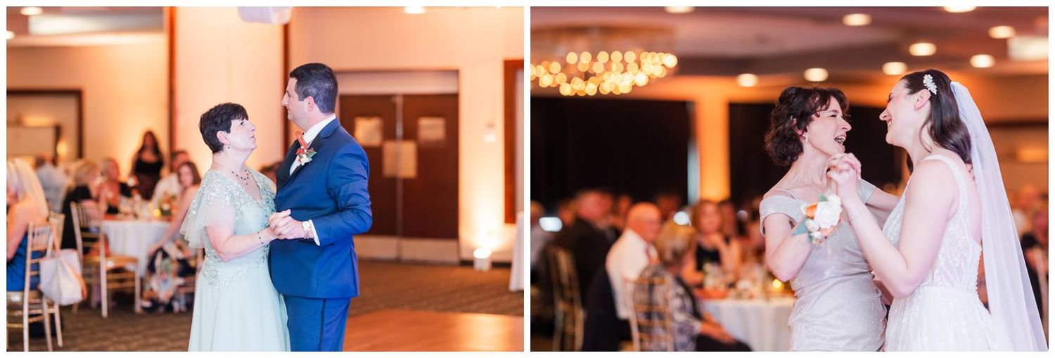 Two wedding moments side by side show couples dancing together at an elegant indoor reception with warm lighting.