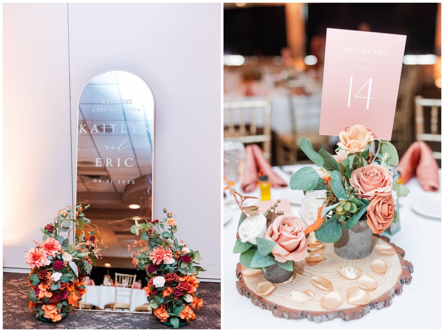Elegant table settings with blush pink roses and greenery centerpieces on rustic wood slices for a romantic wedding reception.