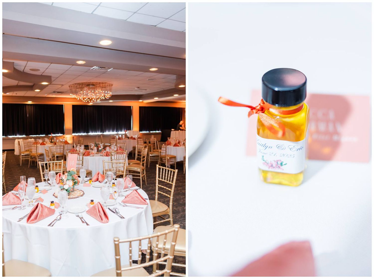 An elegant ballroom setup with round tables and gold chairs next to a wedding favor bottle with orange accents.