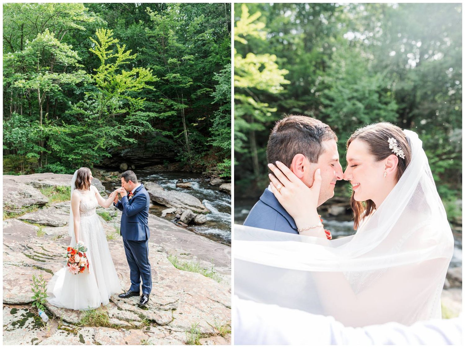 A romantic wedding couple shares intimate moments by a scenic forest stream with lush greenery in the background.
