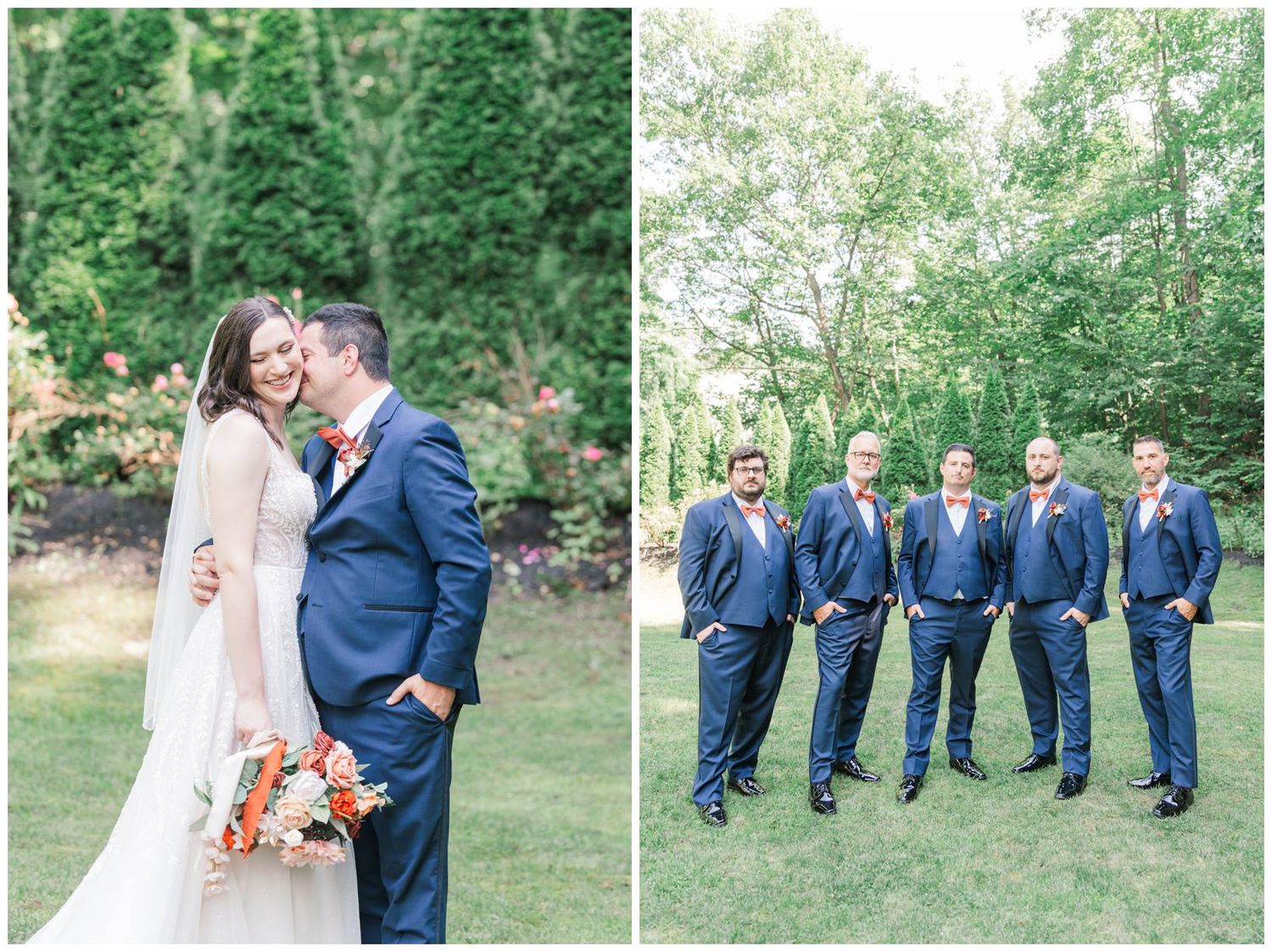 A couple shares a romantic moment and groomsmen in navy suits pose on a lush green lawn during a summer wedding.