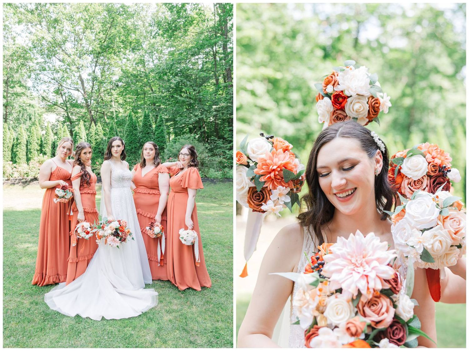 A bridal party in coral-colored bridesmaid dresses poses outdoors with floral arrangements on a sunny summer day.