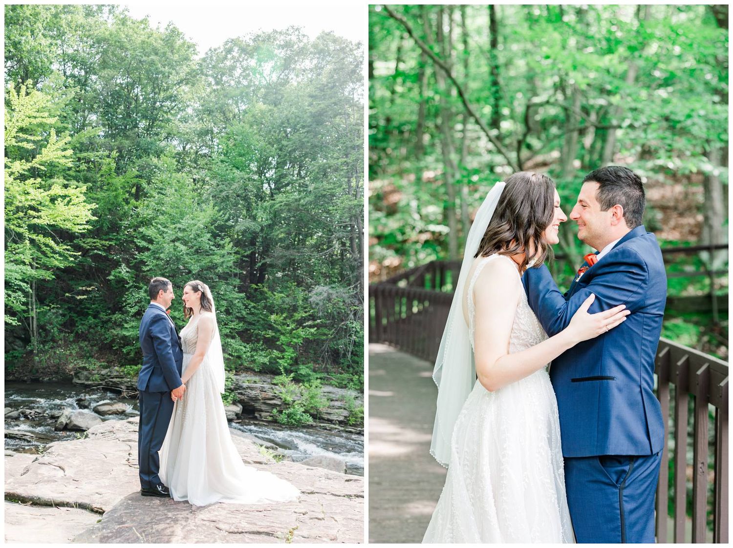 A romantic wedding couple poses in a lush forest setting and on a rustic bridge wearing blue suit and white gown.