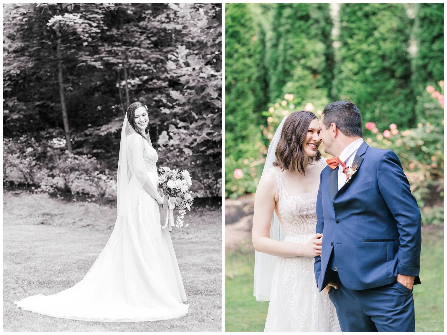 Elegant outdoor wedding photography captures romantic moments in a lush garden setting with natural lighting.