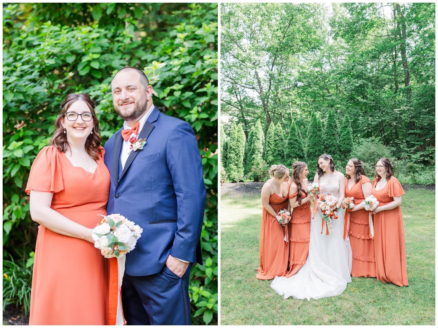 Wedding party poses outdoors wearing burnt orange bridesmaid dresses and navy suits in a garden setting.