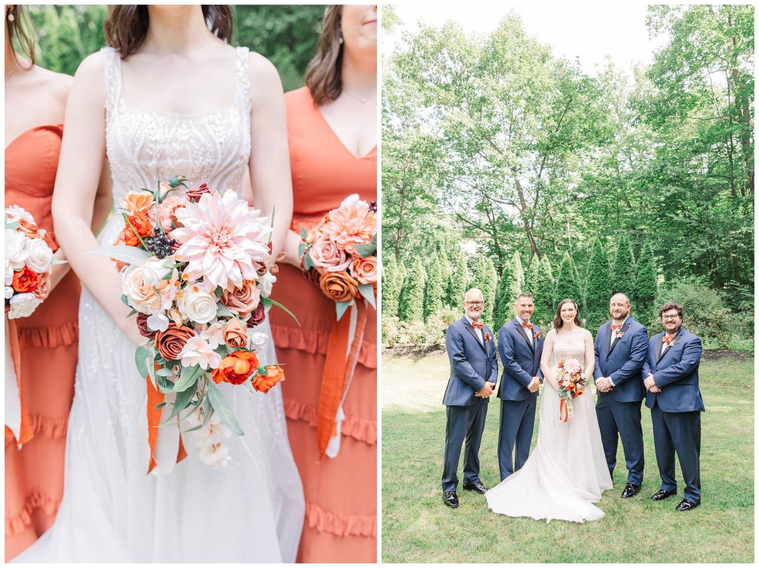 Wedding party in coral and navy attire poses together in a garden setting on a sunny summer day.