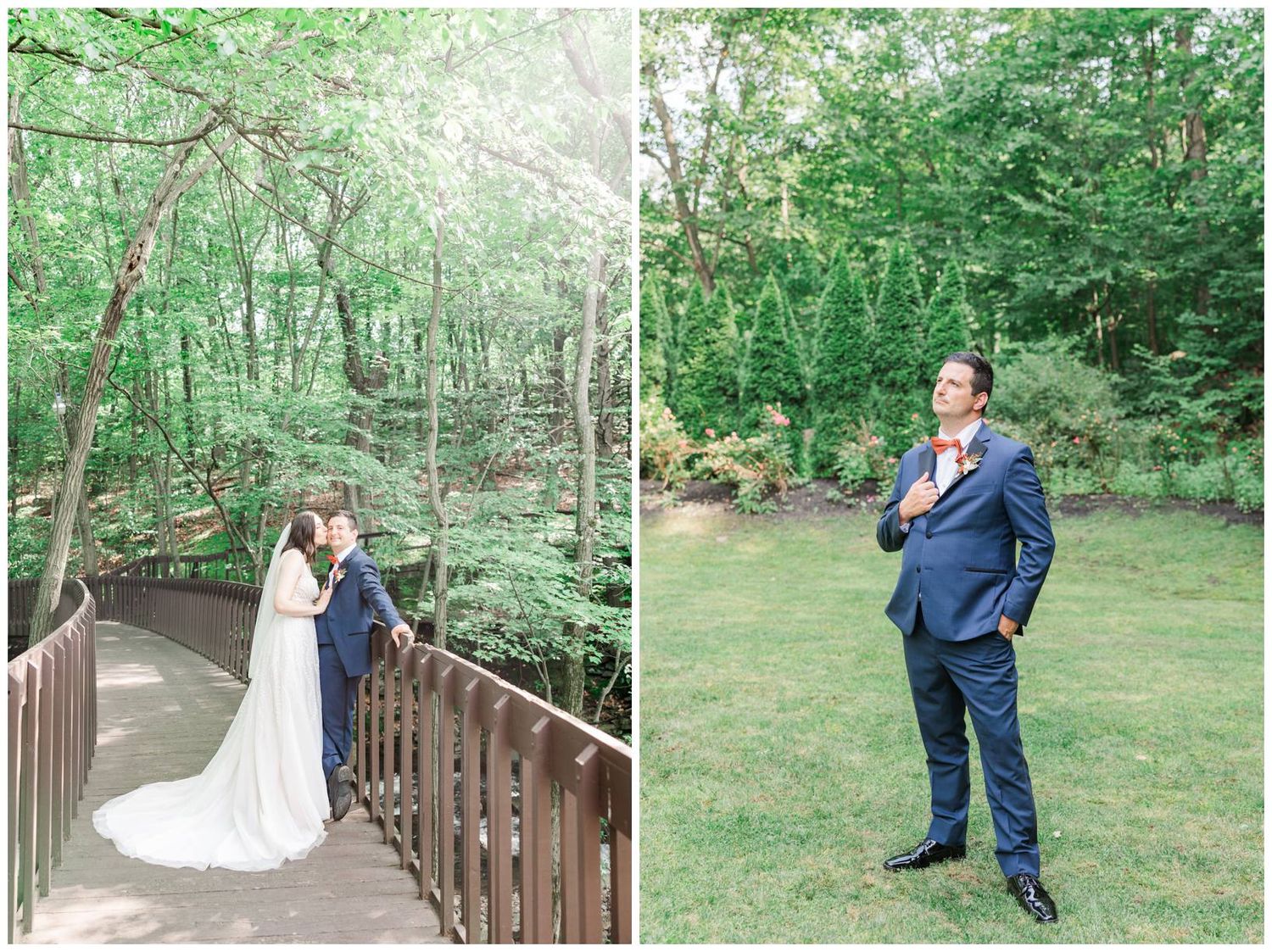 A couple shares tender moments during their wedding photo session on a wooden bridge surrounded by lush greenery.