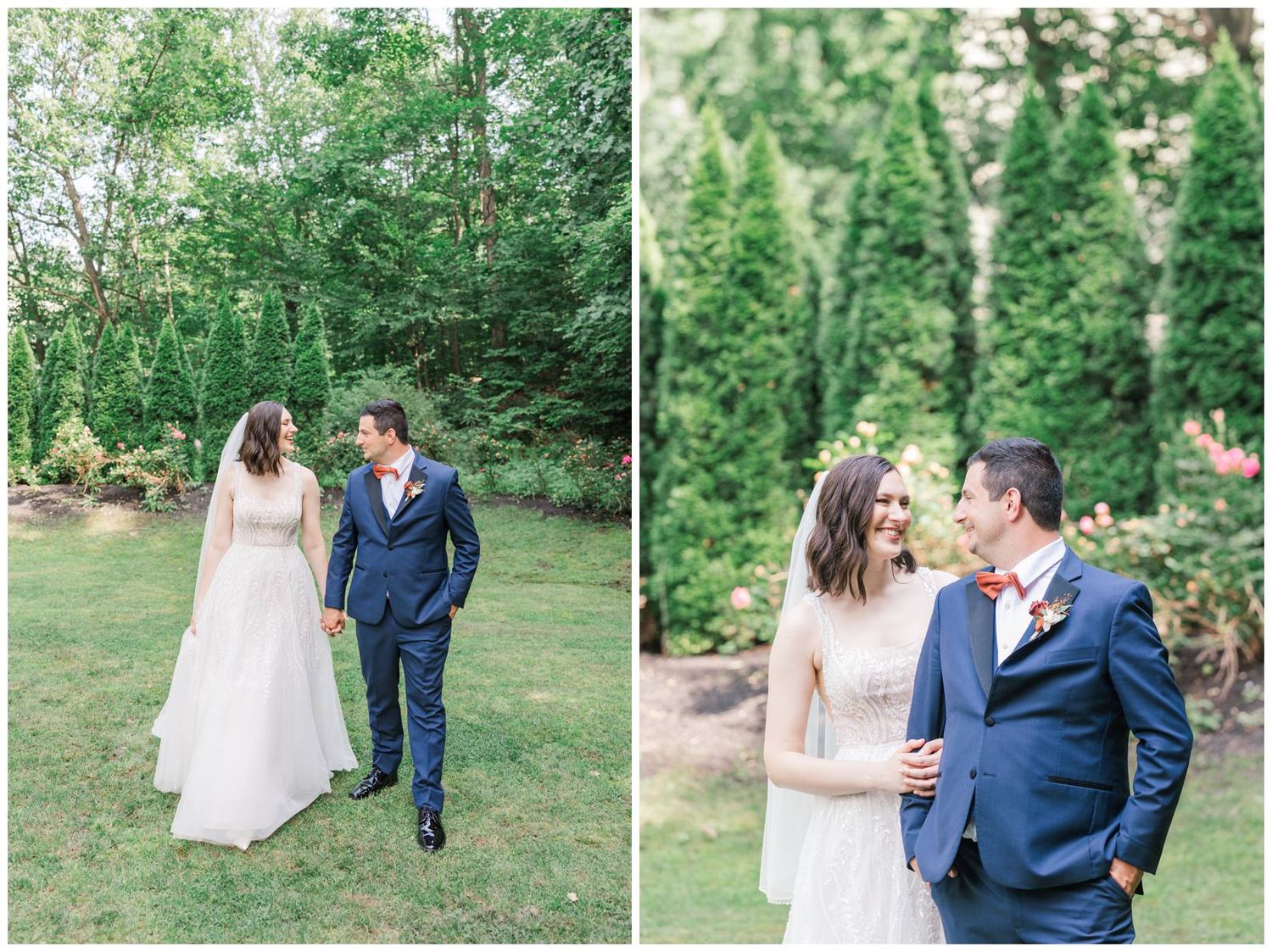 A couple shares romantic moments while walking through a lush green garden setting in elegant wedding attire.