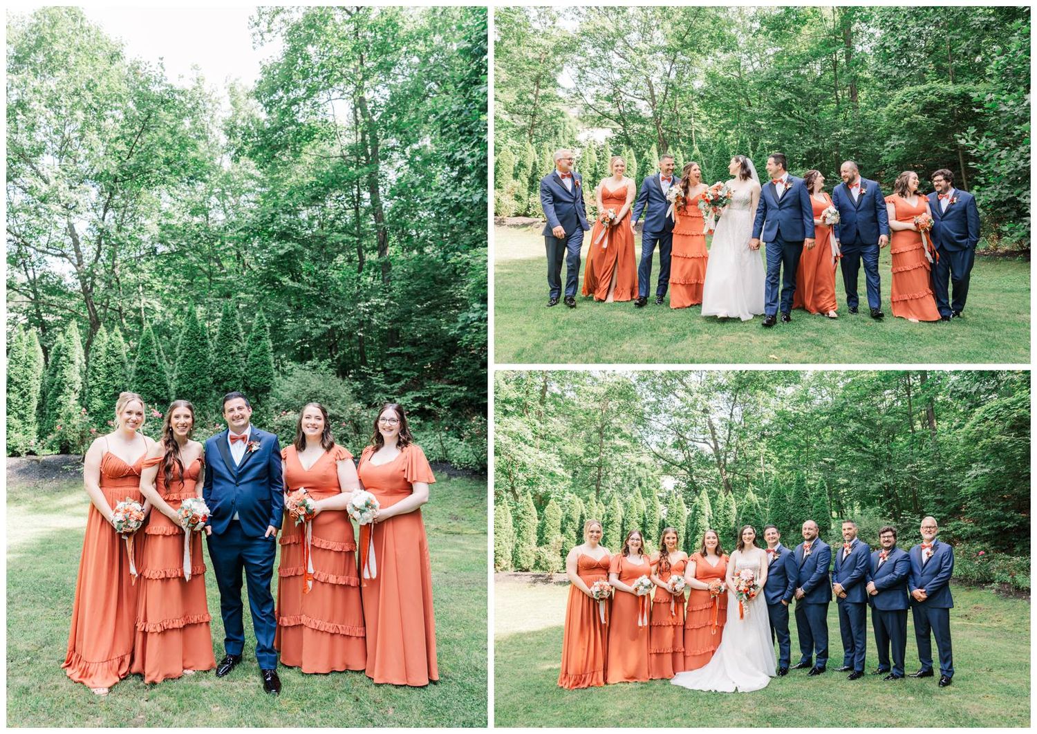 Wedding party in navy blue and coral orange attire posing together in a lush green outdoor setting.