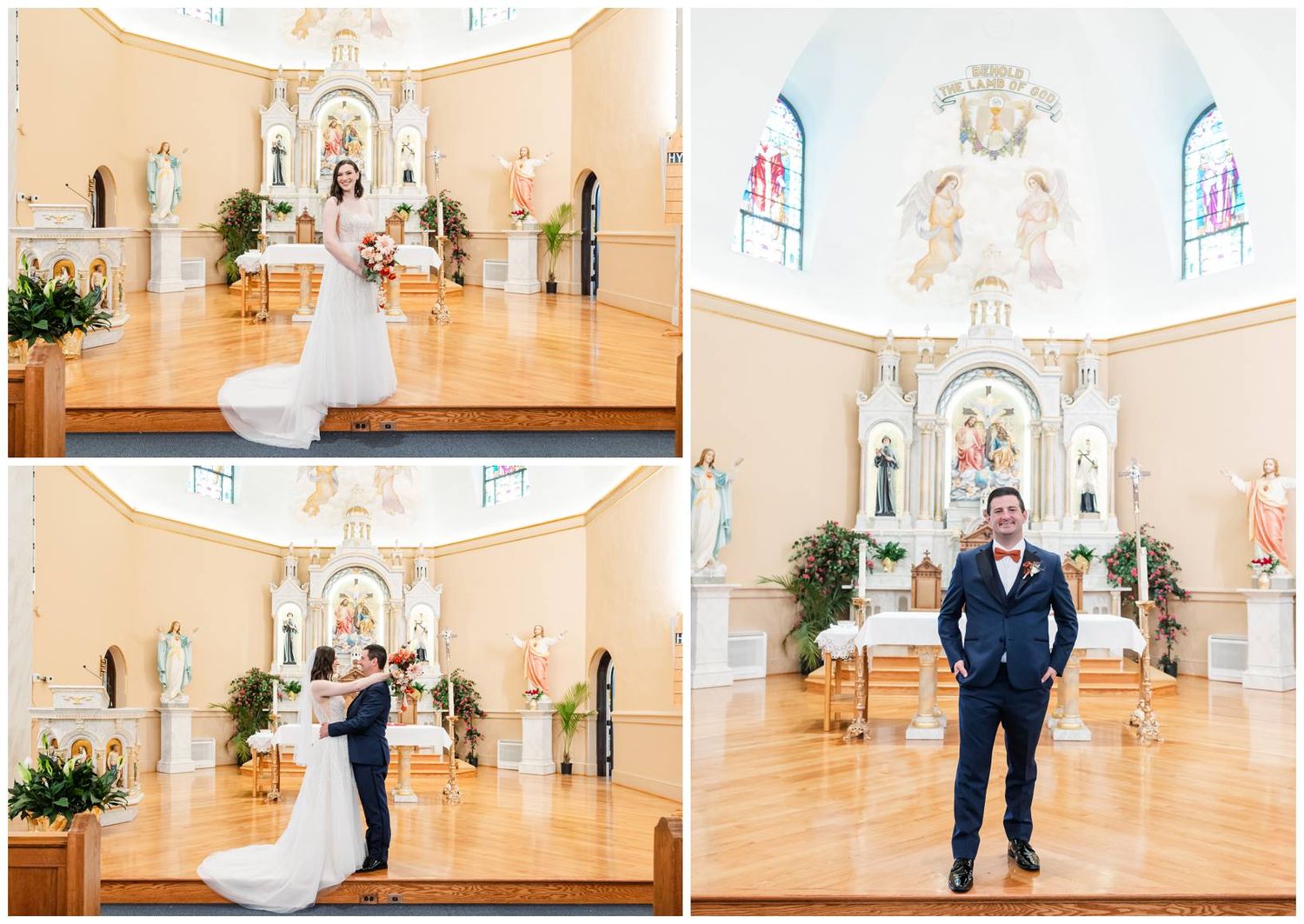 Beautiful cream-colored church interior with classic architecture and stained glass windows.