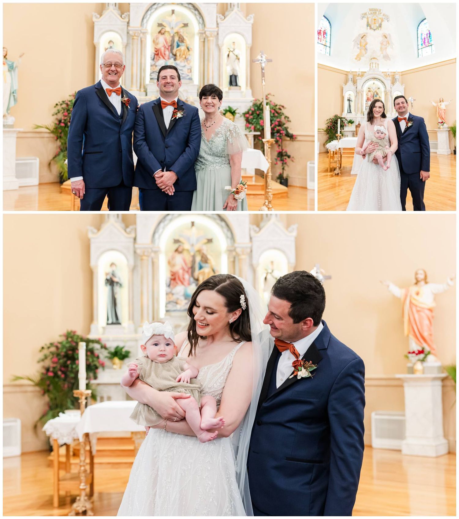 Wedding ceremony photos showing candid moments in a beautifully decorated church with ornate details and soft lighting.